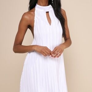 Lulus Pretty Aura White Satin Plisse Mock Neck Mini Swing Dress - Size M